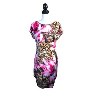 Cache Pink Floral Animal Print Gathered Waist Midi Sheath Dress Size 12